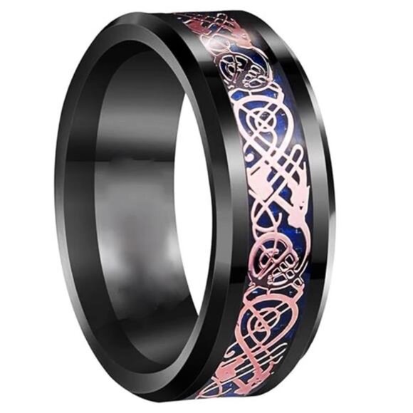 Men's Wedding Band Ring - Rose Gold Celtic Dragon Blue Carbon Fiber Wedding Ring - Picture 1 of 6